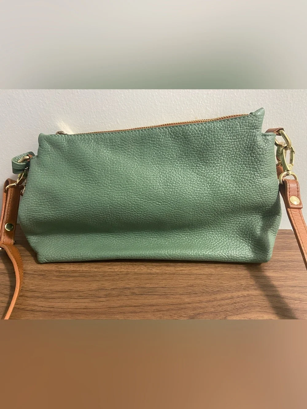 Valentina Women’s Green Leather Crossbody Bag with Tan Strap